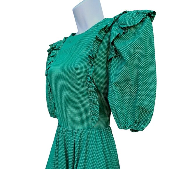 1980s Belle France Kelly Green Prairie Dress Cotton Ruffle Midi Union Label S - Picture 2 of 14